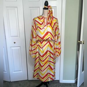 Vintage Late 70s Early 80s Red Yellow Chevron Long Sleeve Dress w/ Scarf Medium